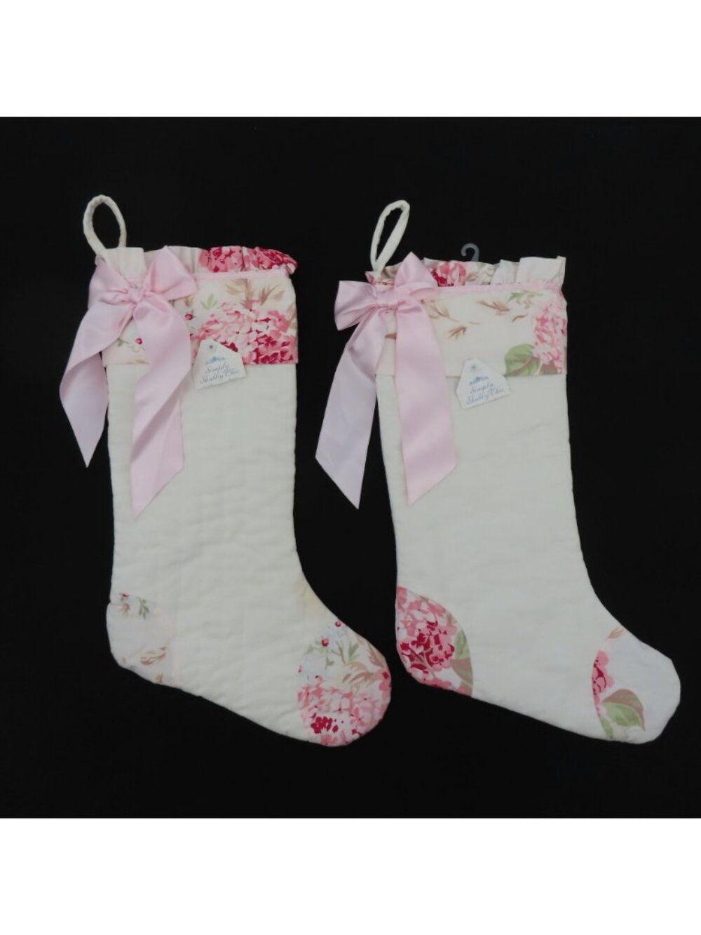 Simply Shabby Chic Pair of 2 Pink Floral Ruffle Christmas Stockings Holiday Xmas - Picture 14 of 15